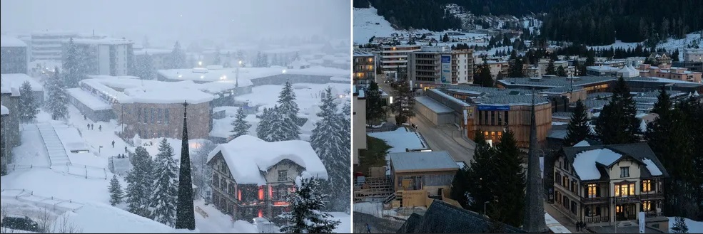 Neve pesada ao redor do Centro de Congressos de Davos em janeiro de 2018, à esquerda, e mostrada em janeiro de 2023, à direita — Foto: Jason Alden/Francesca Volpi/Bloomberg